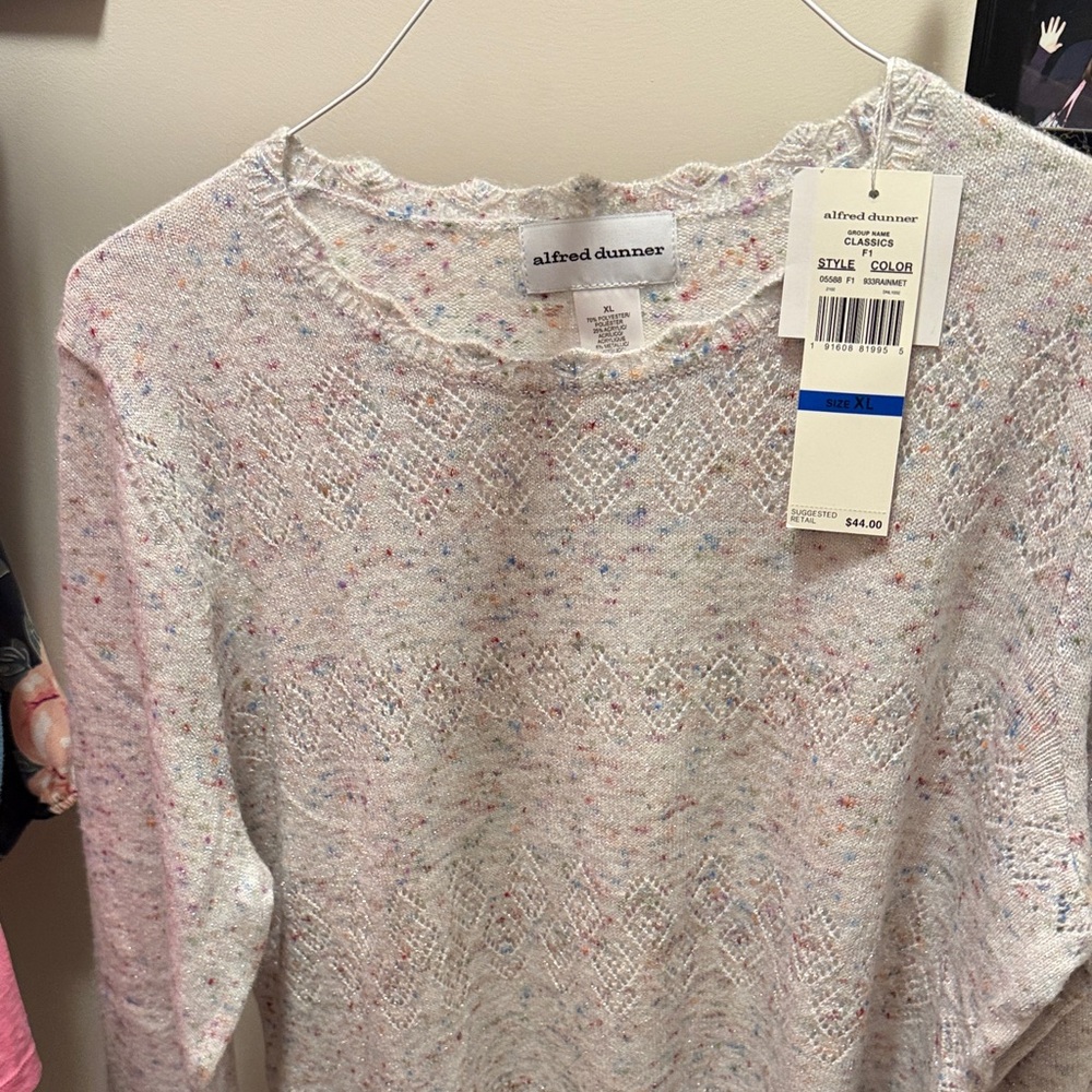 Alfred Dunner White Crewneck Sweater with Pastel Speckles